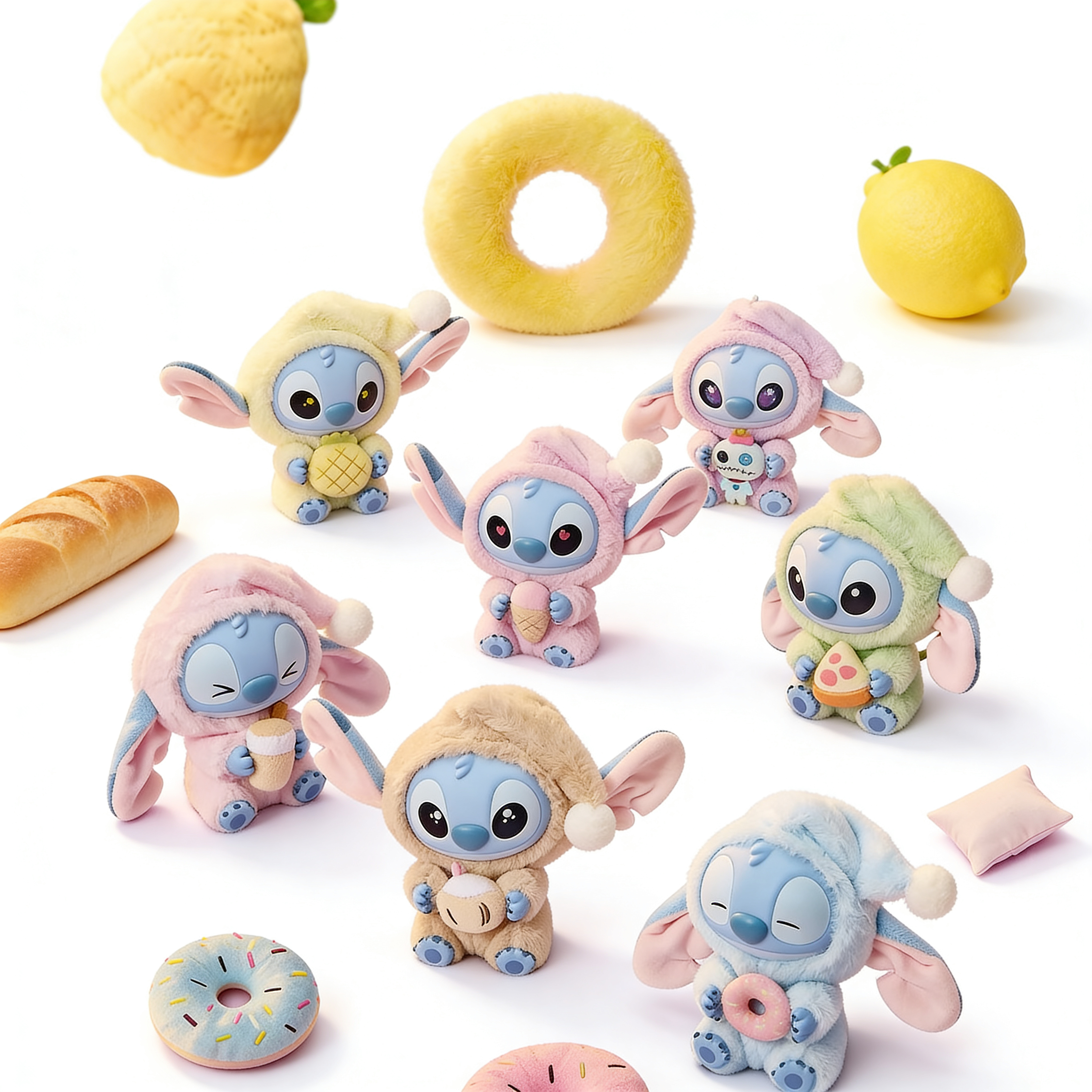 Plush toys resembling a character with pastel colors and fruit-themed outfits on a white background with food items.
